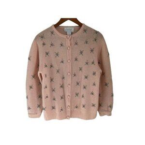 Lord&Taylor 100% Lambswool Knitted Cardigan Pink Roses Crewneck Size Large